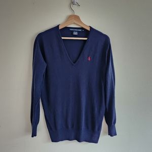 Ralph Lauren Sport Mens V Neck Navy Blue Long Sleeve Pullover Thin Sweater*Good